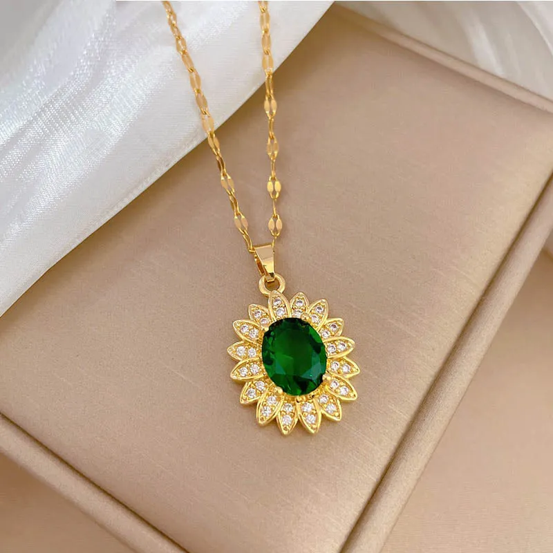 Gold Plated Luxury Jewelry Flower Gemstone Pendant Girl Necklace