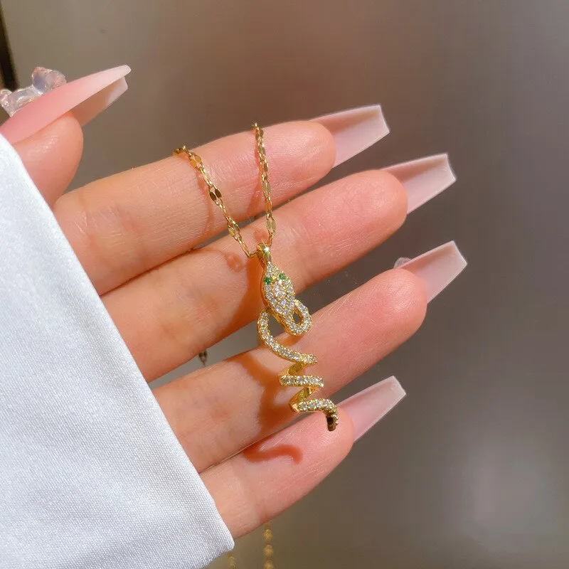Gold Plated Snake Shaped Pendant Necklace For Women