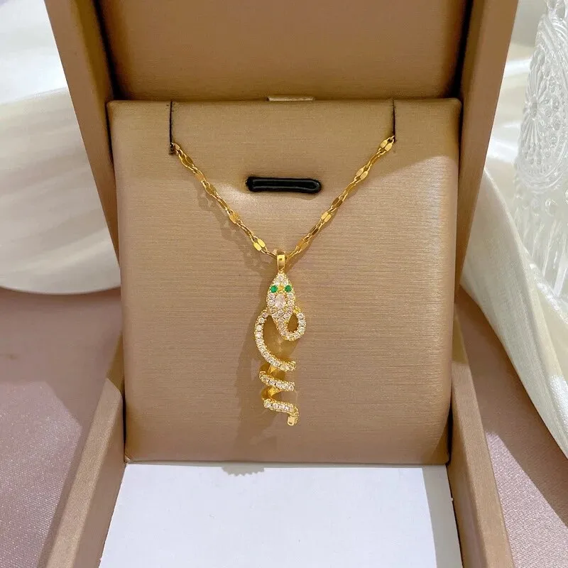 Gold Plated Snake Shaped Pendant Necklace For Women