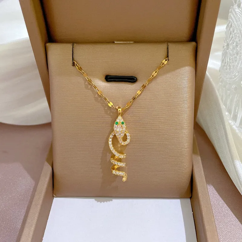 Gold Plated Snake Shaped Pendant Necklace For Women