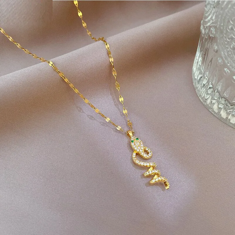 Gold Plated Snake Shaped Pendant Necklace For Women