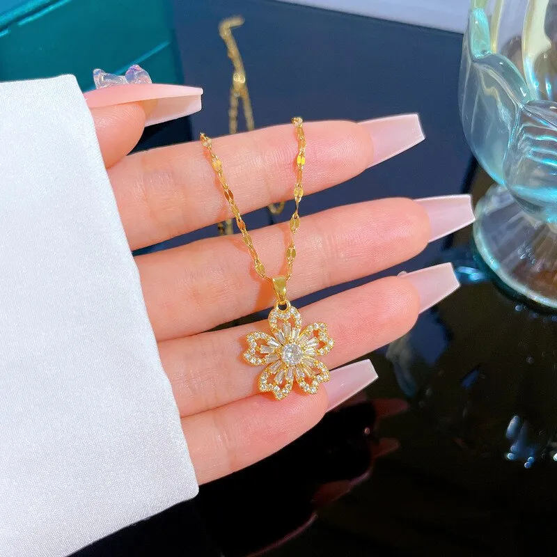 Gold Plating Light Luxury Floral Full Diamond Zircon Design Pendant Necklace