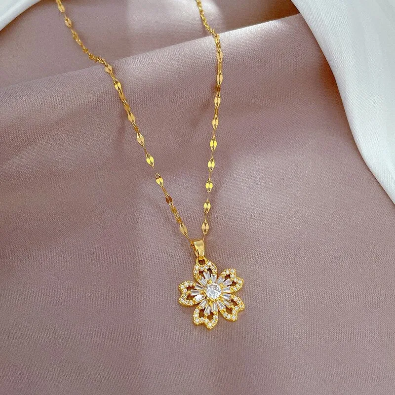 Gold Plating Light Luxury Floral Full Diamond Zircon Design Pendant Necklace