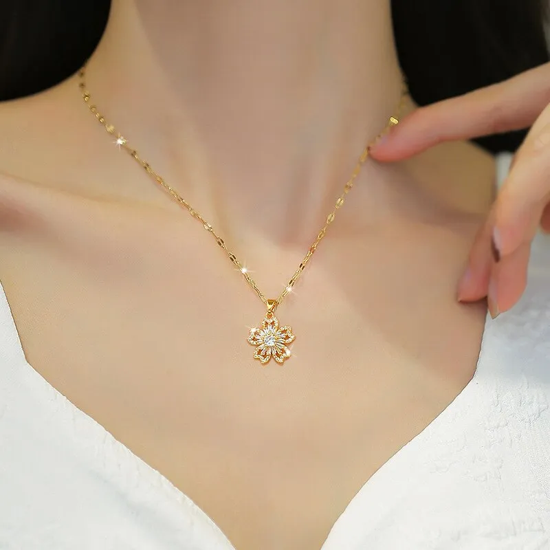 Gold Plating Light Luxury Floral Full Diamond Zircon Design Pendant Necklace