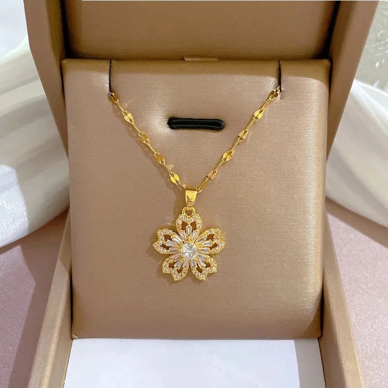 Gold Plating Light Luxury Floral Full Diamond Zircon Design Pendant Necklace