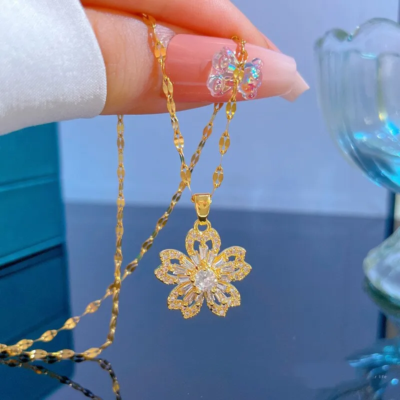 Gold Plating Light Luxury Floral Full Diamond Zircon Design Pendant Necklace