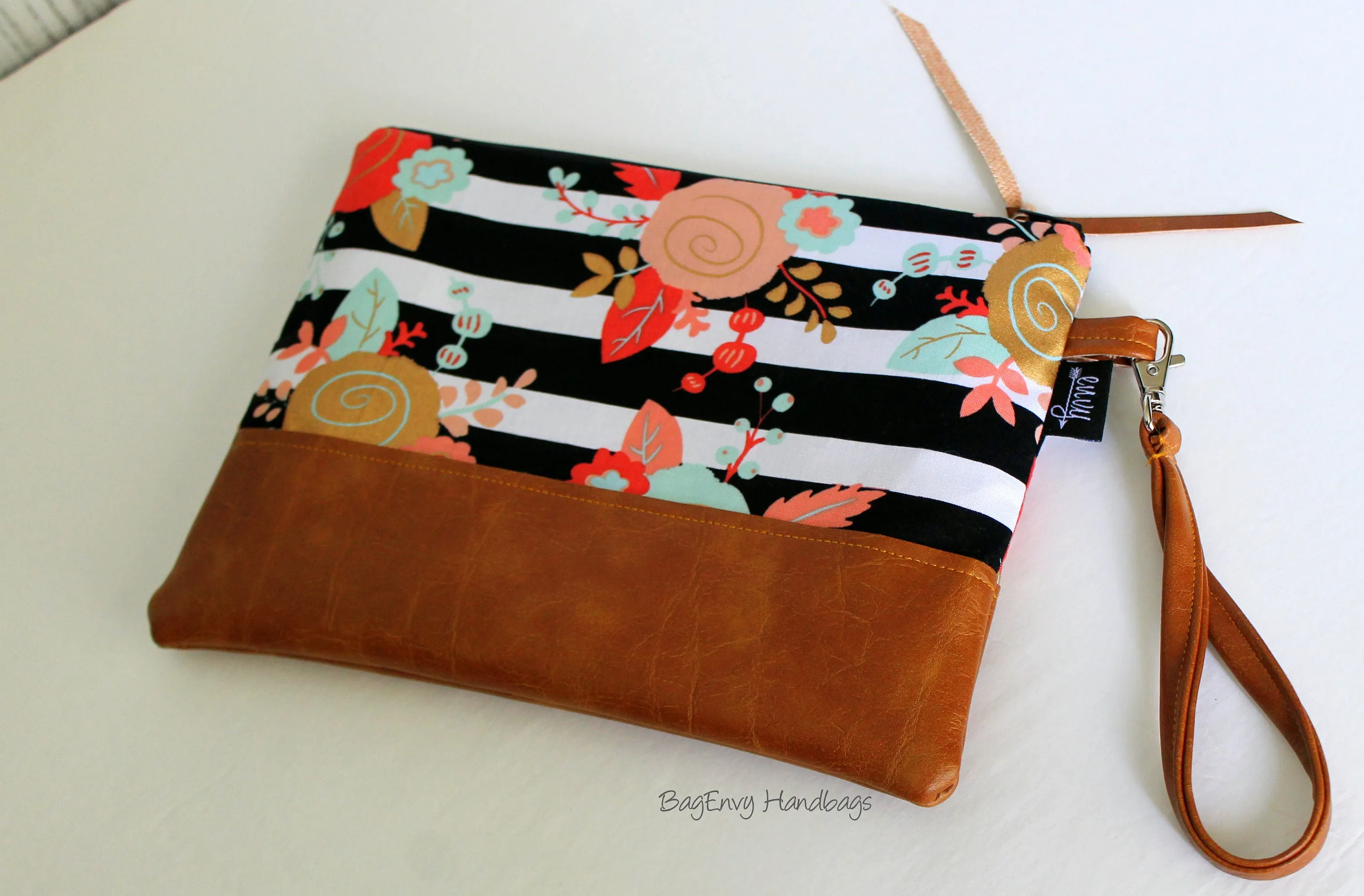 Grab N Go Wristlet Clutch - Floral Stripe with Vegan Leather