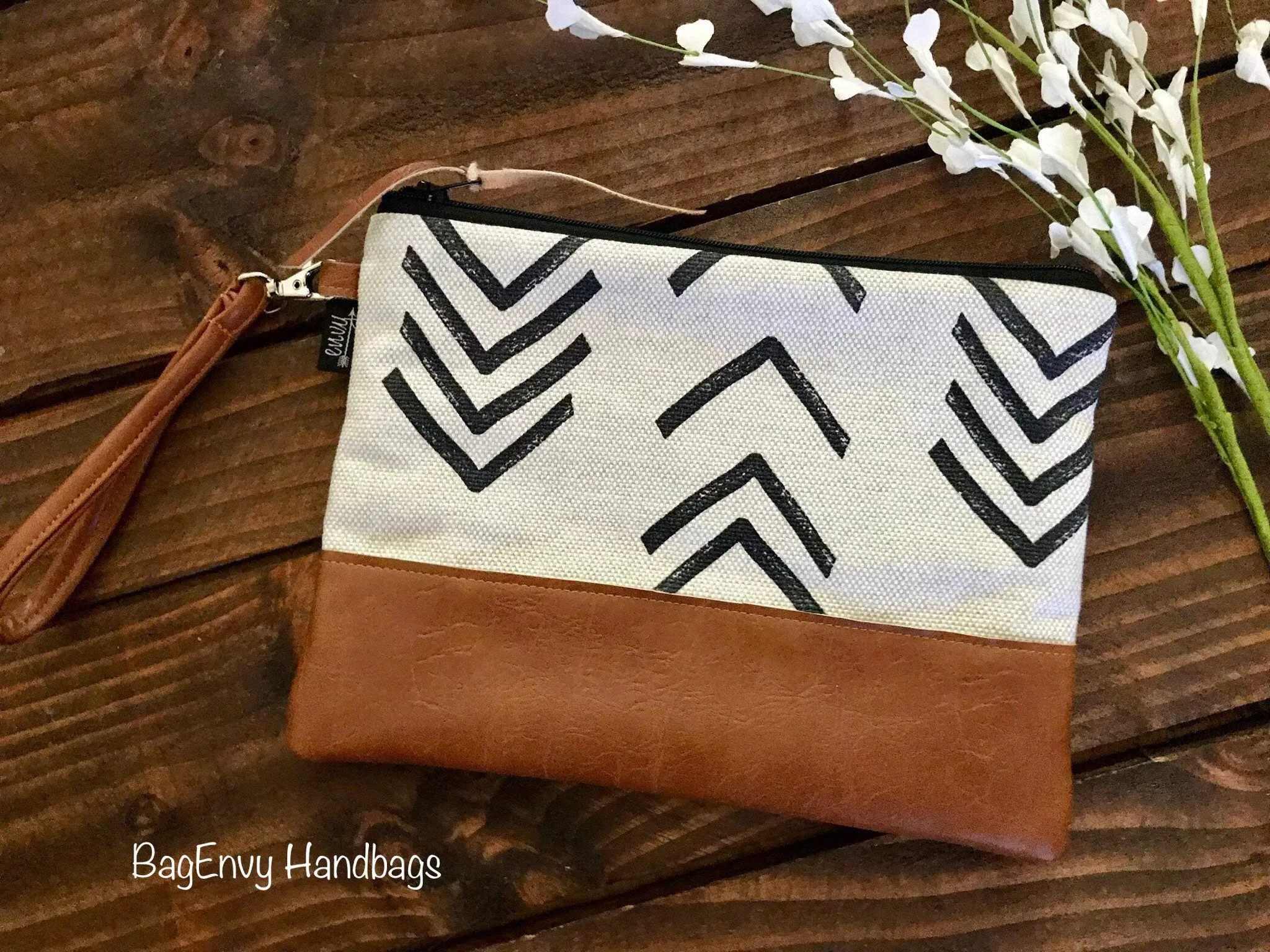 Grab N Go Wristlet Clutch - Peaks Mud Cloth with Vegan Leather