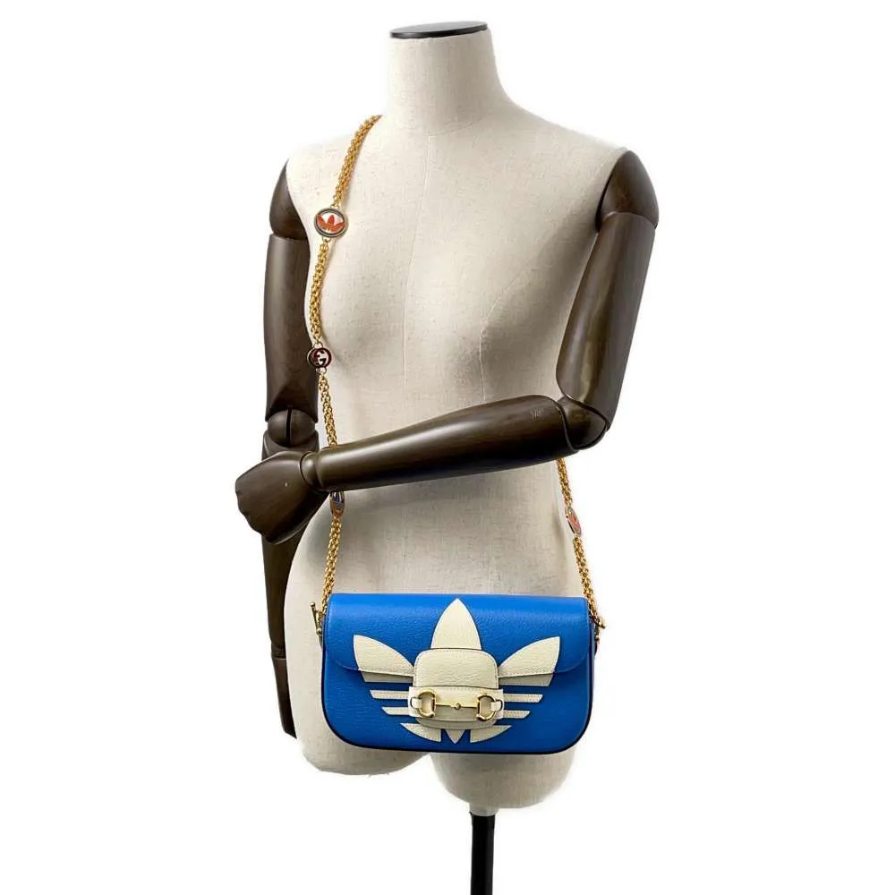 Gucci Adidas collaboration Horsebit1955 ChainShoulder Bag White/Blue 722009 Leather Size Small