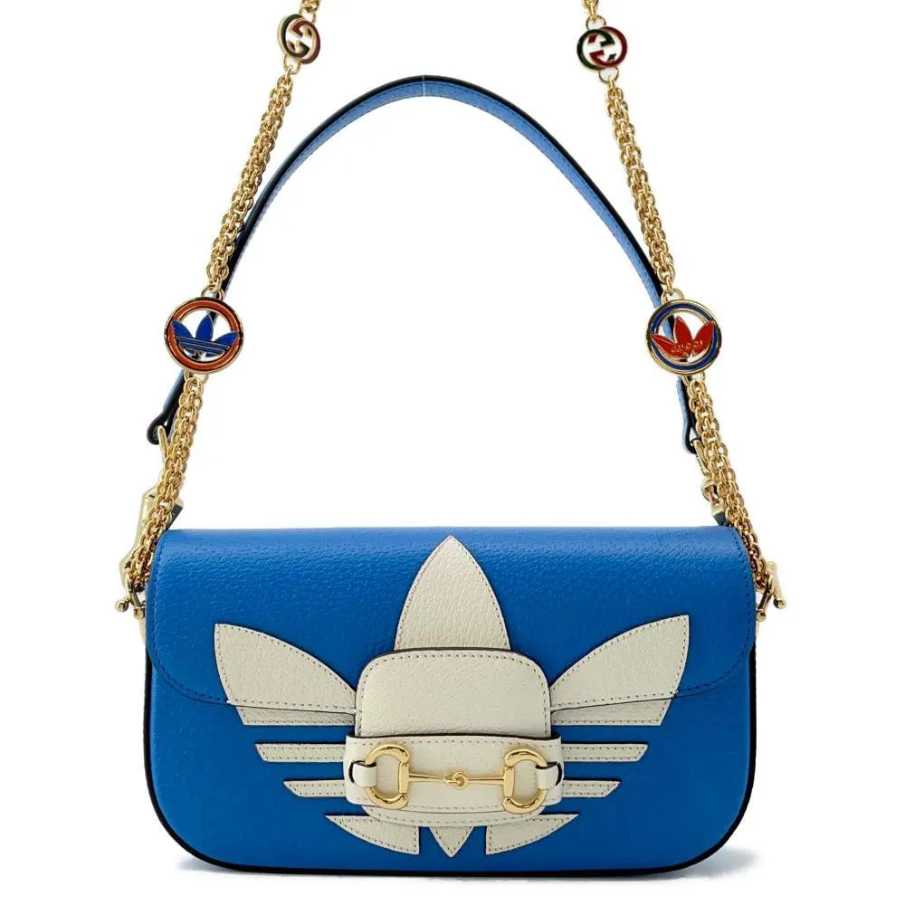 Gucci Adidas collaboration Horsebit1955 ChainShoulder Bag White/Blue 722009 Leather Size Small