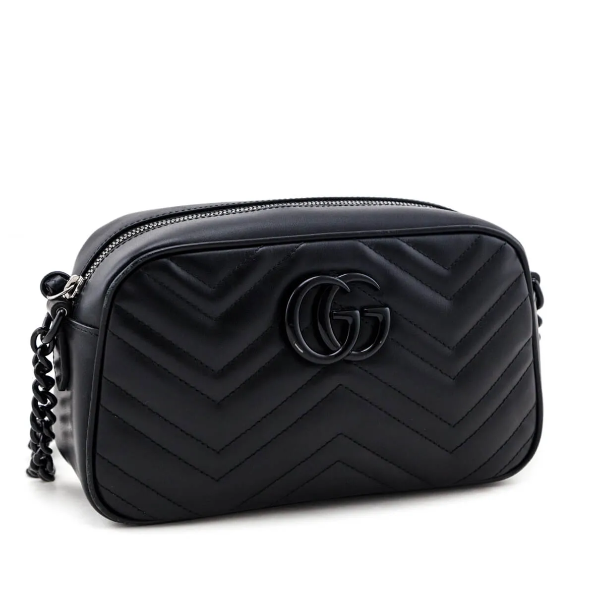 Gucci Black Calfskin Matelasse Small GG Marmont Chain Shoulder Bag