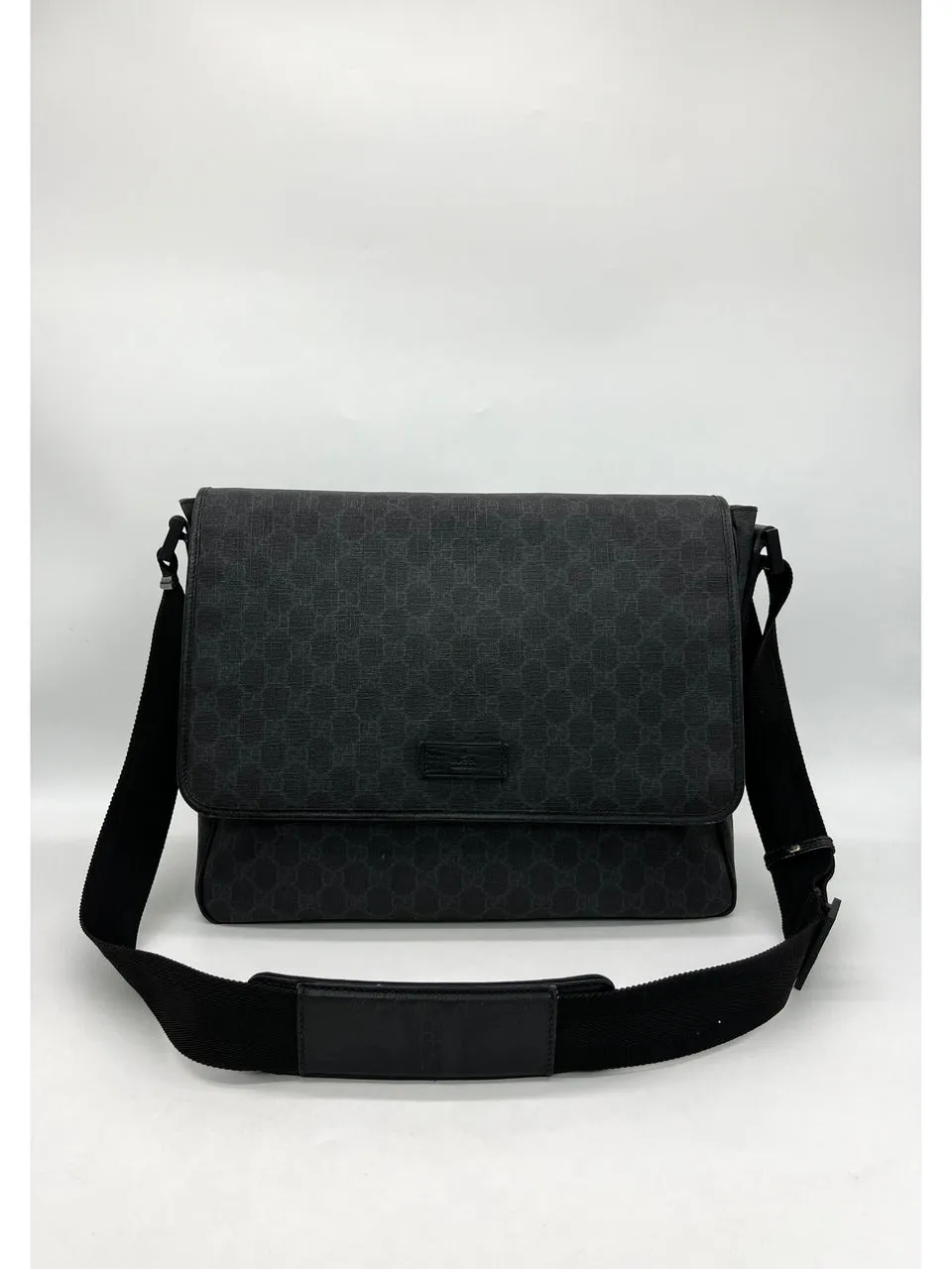 GUCCI Black GG Supreme Canvas and Leather Flap Messenger Bag