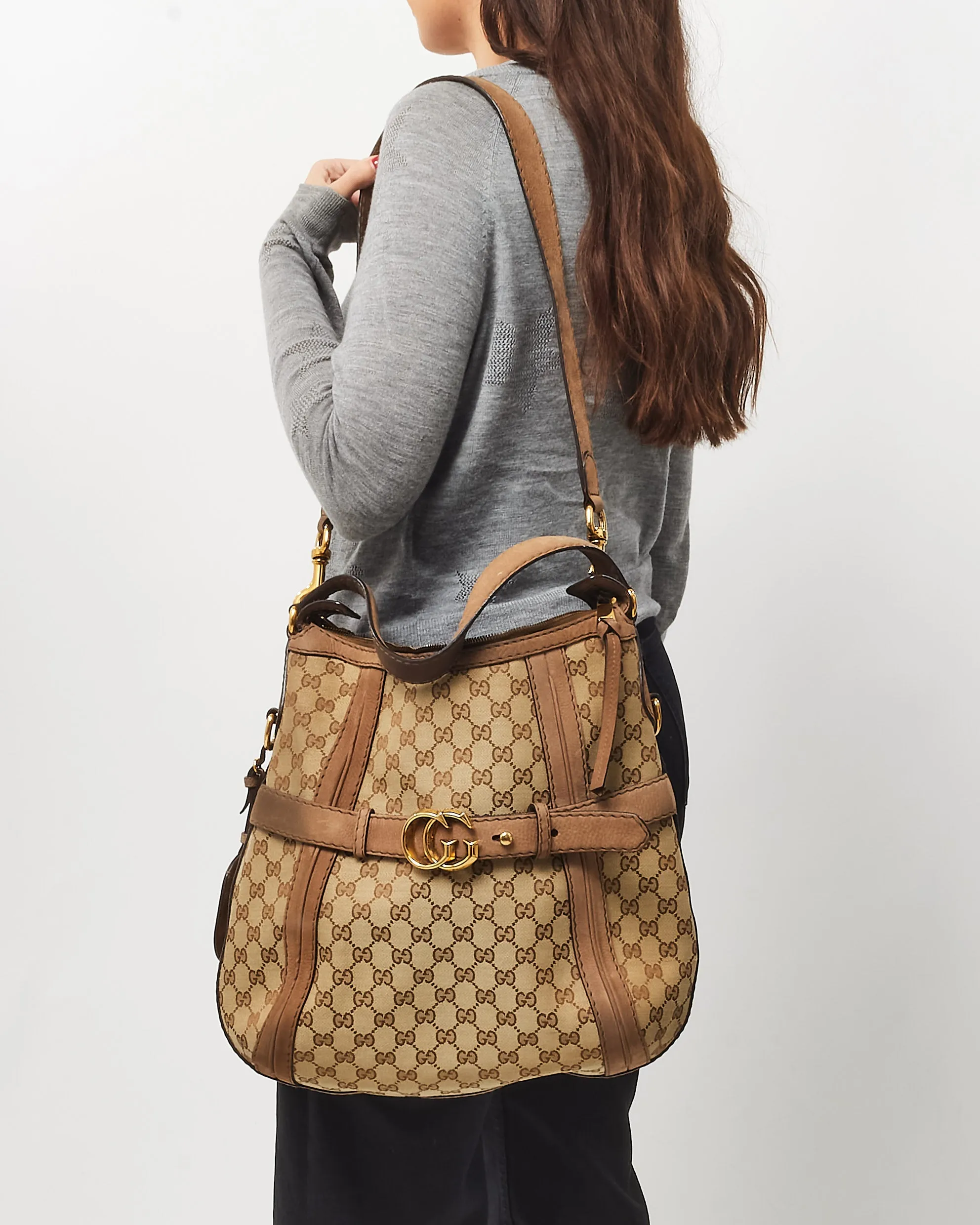 Gucci Brown & Beige Monogram Canvas GG Medium Running Hobo 2Way Bag