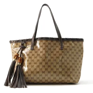 Gucci GG Crystal Bamboo Tassel Tote Bag Brown/Beige 354665 PVC Coated Canvas Leather