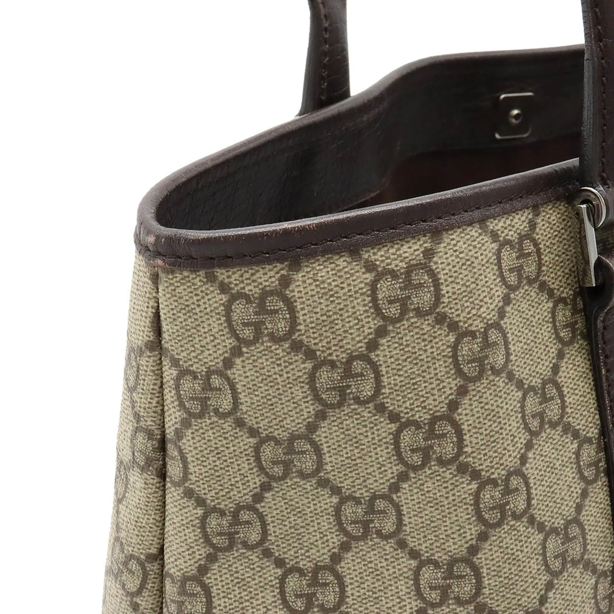 Gucci GG Supreme Plus Tote Bag Shoulder PVC Leather Khaki Beige Dark Brown 114595