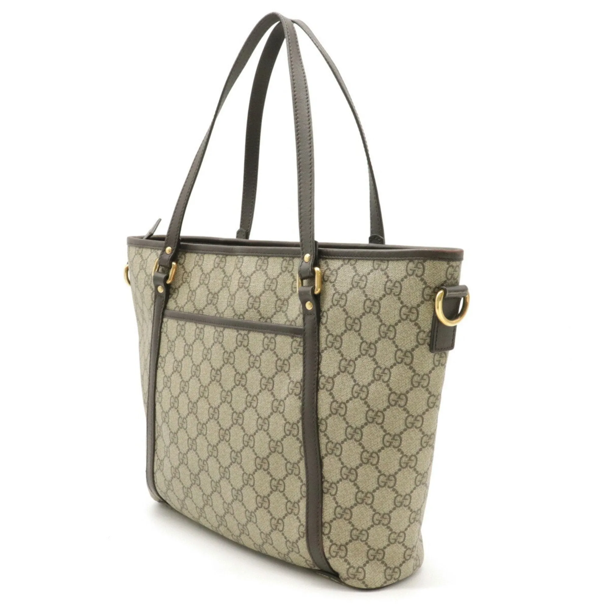 Gucci GG Supreme Tote Bag Shoulder PVC Leather Beige Dark Brown 388929