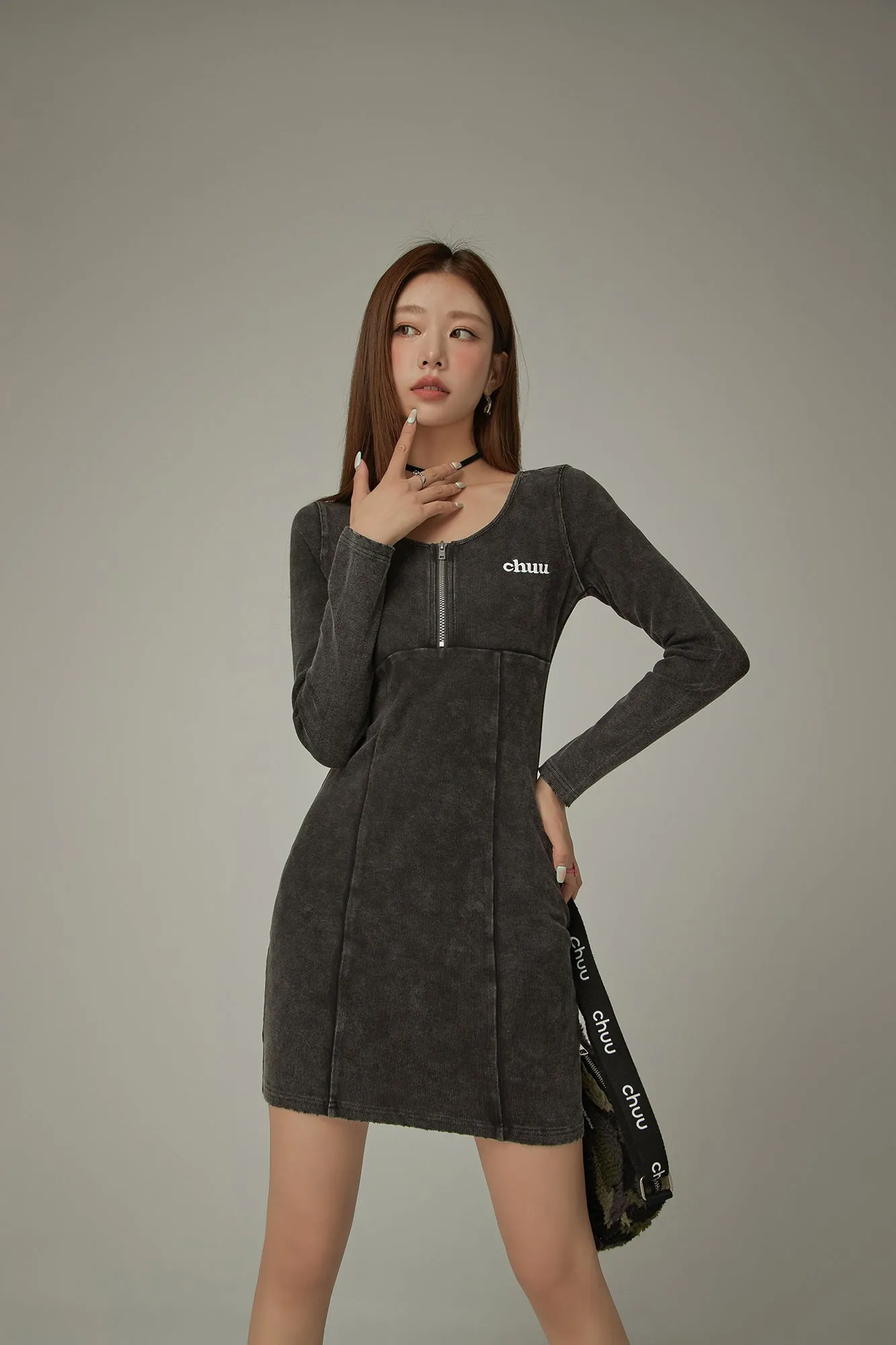 Half Zip Up Long Sleeve Mini Dress