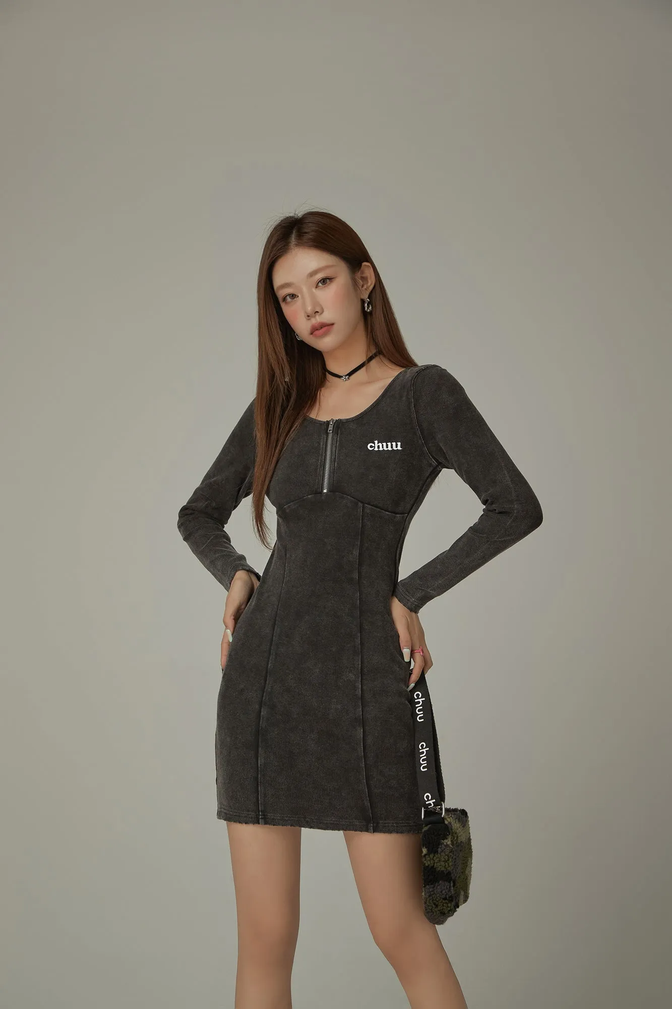 Half Zip Up Long Sleeve Mini Dress