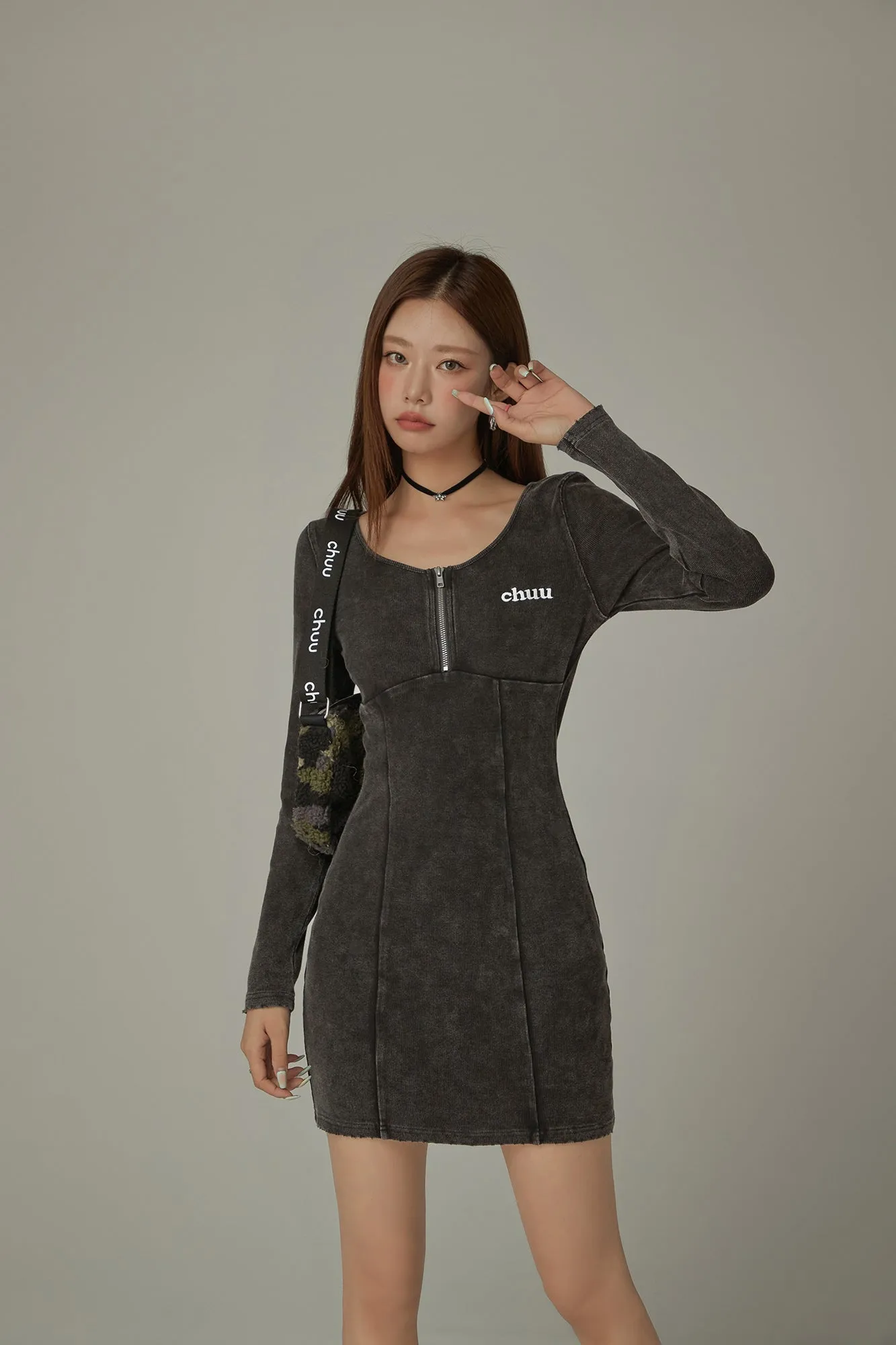 Half Zip Up Long Sleeve Mini Dress