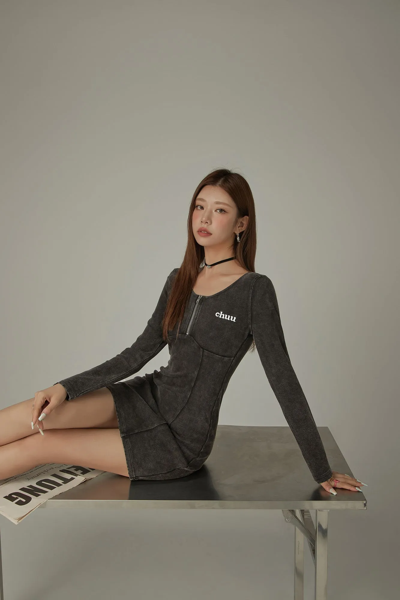 Half Zip Up Long Sleeve Mini Dress