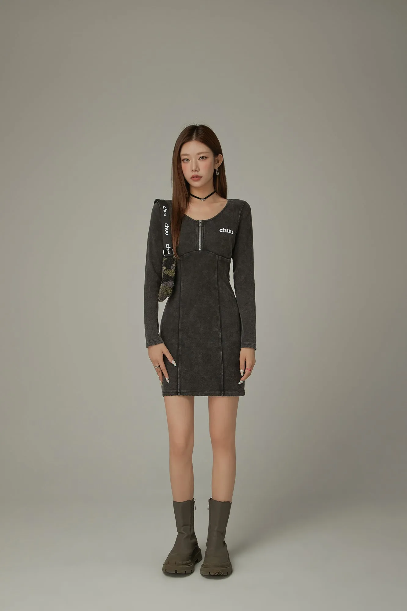 Half Zip Up Long Sleeve Mini Dress
