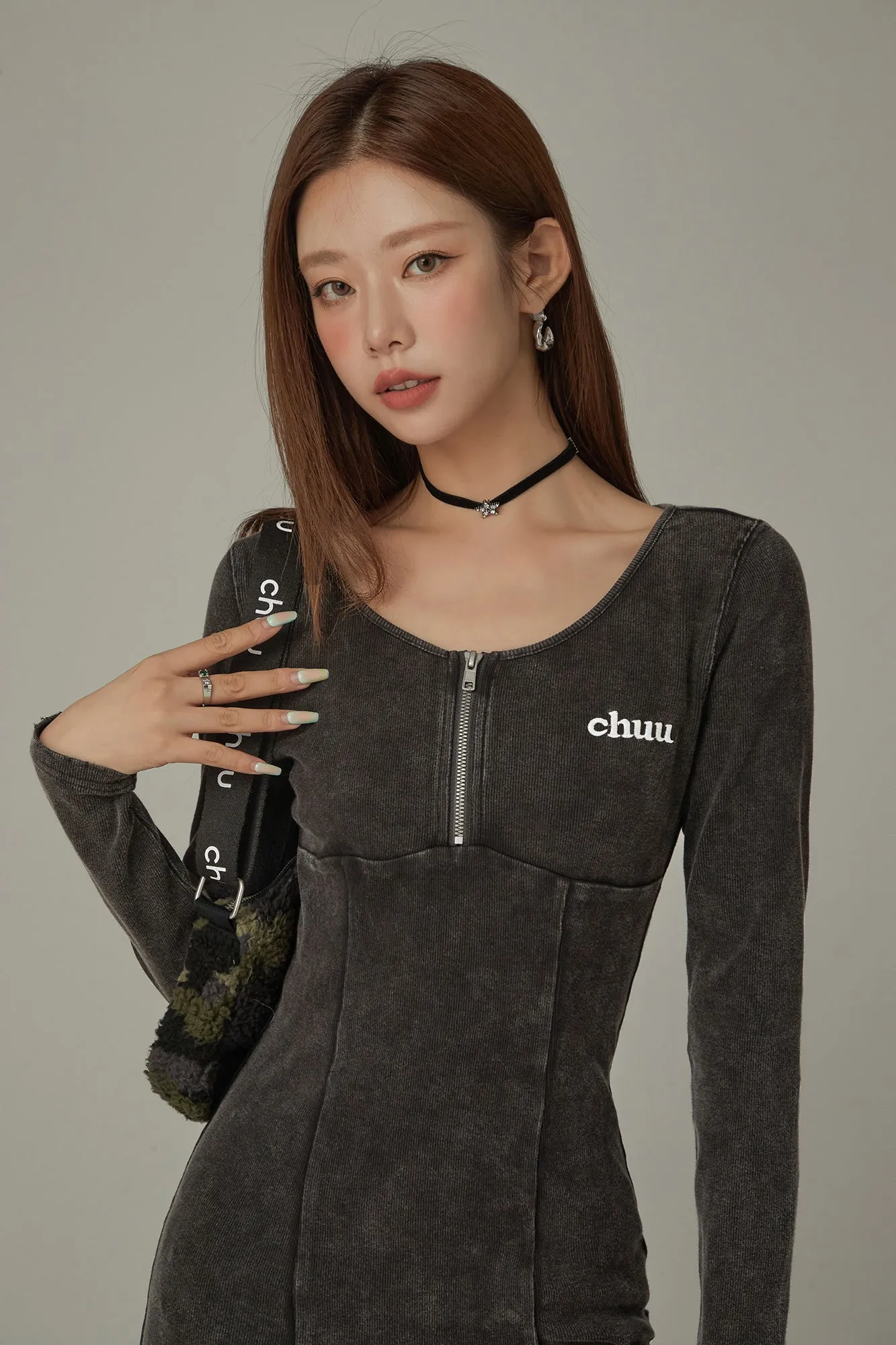 Half Zip Up Long Sleeve Mini Dress