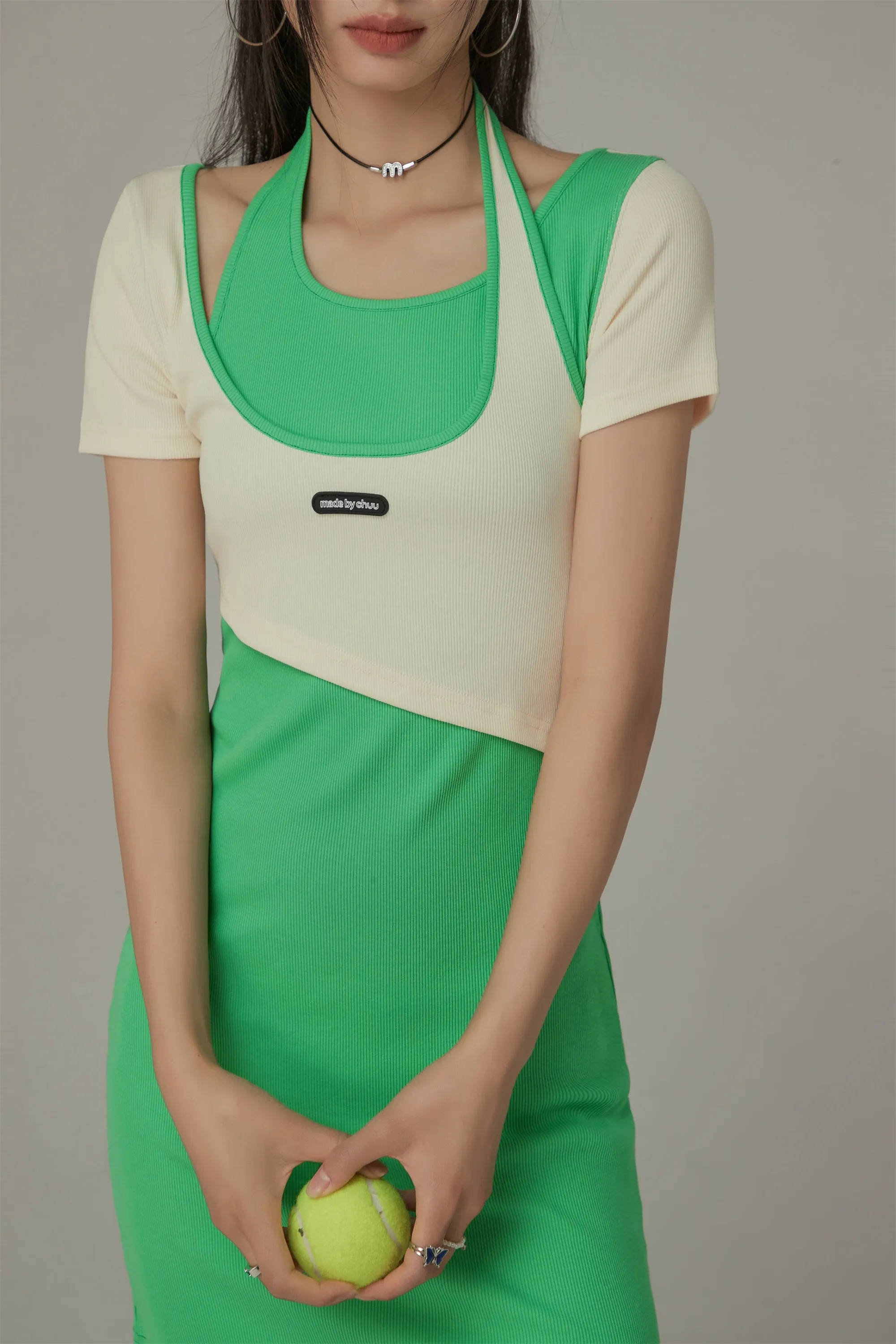 Halter Neck Short Sleeve Color Mini Dress