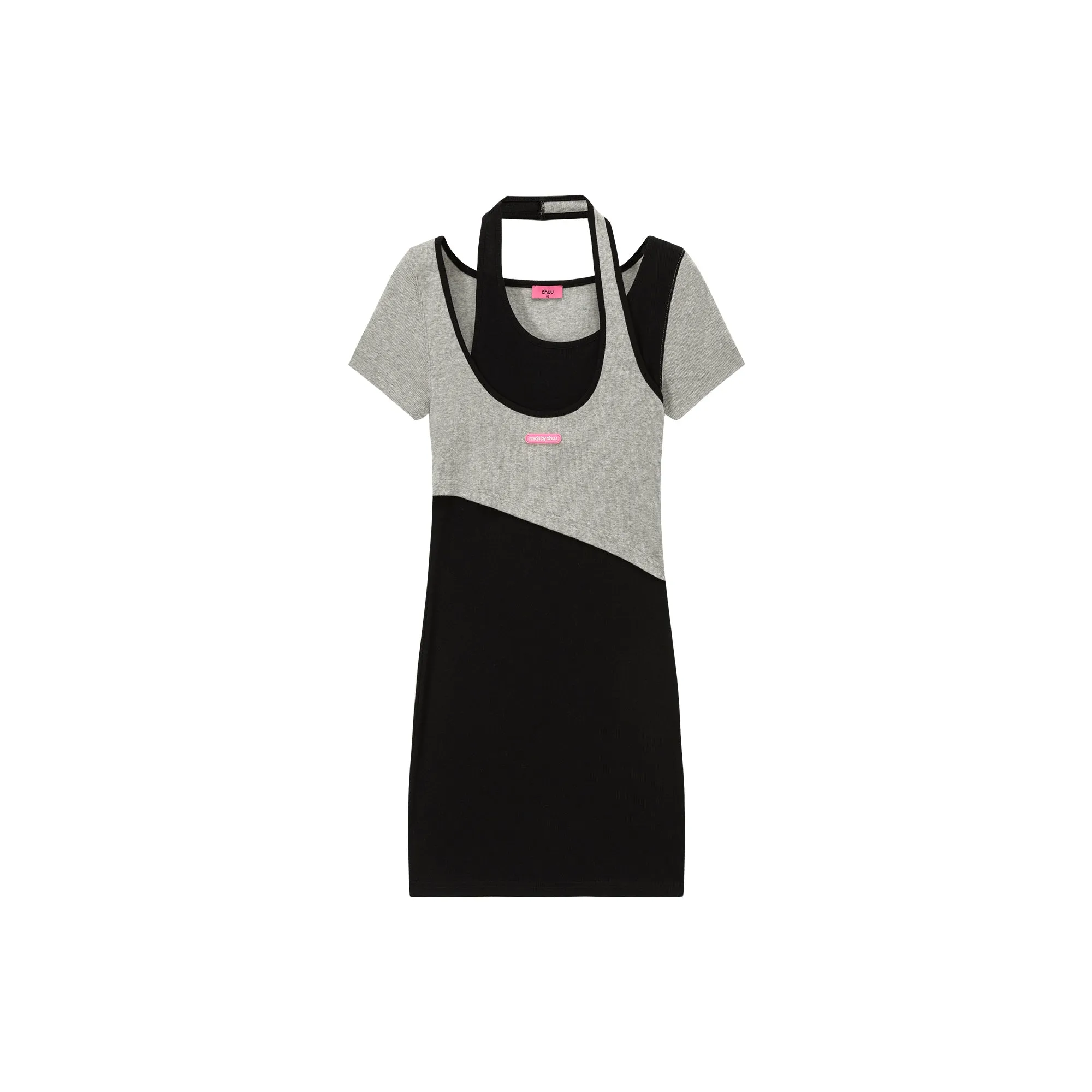 Halter Neck Short Sleeve Color Mini Dress
