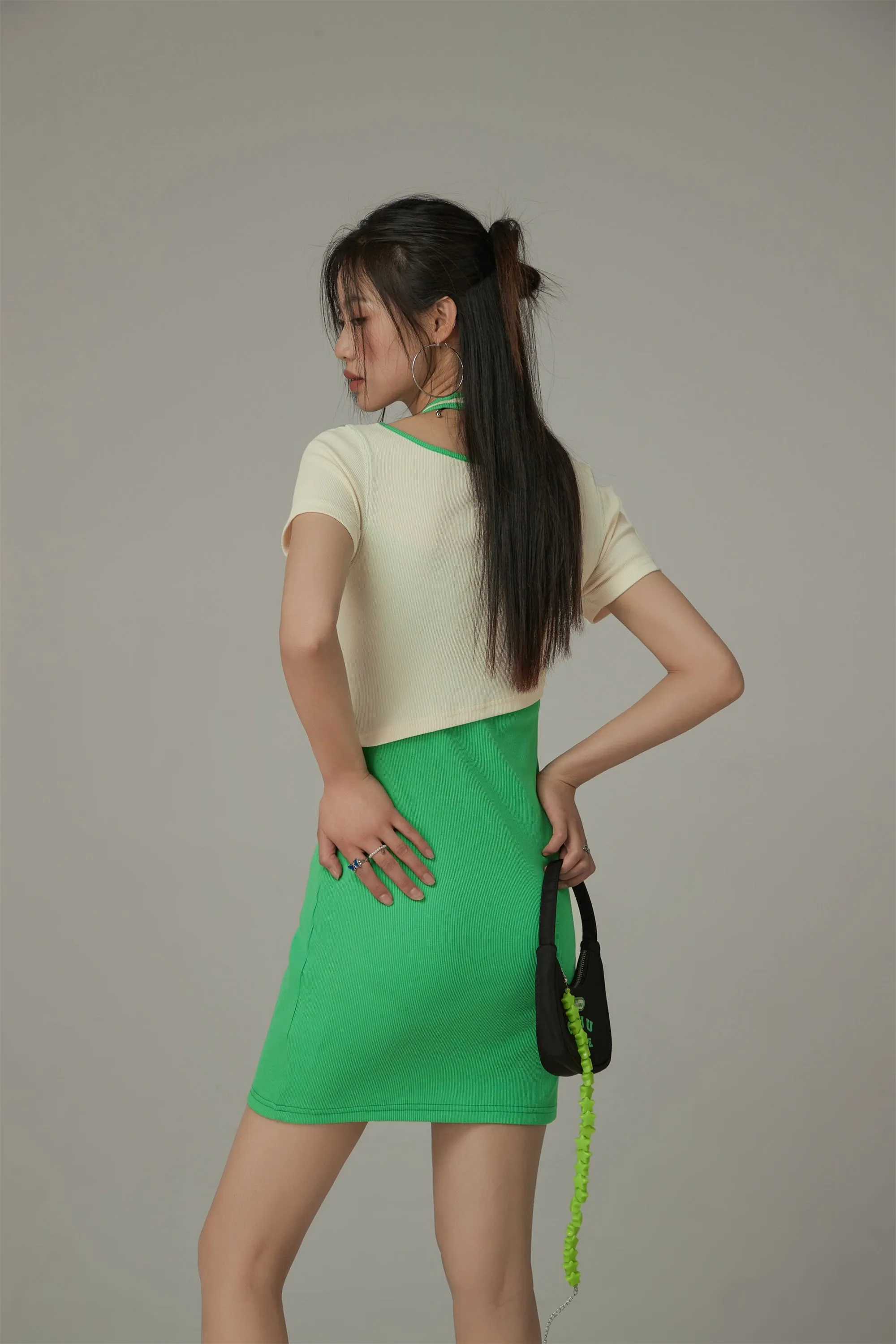 Halter Neck Short Sleeve Color Mini Dress