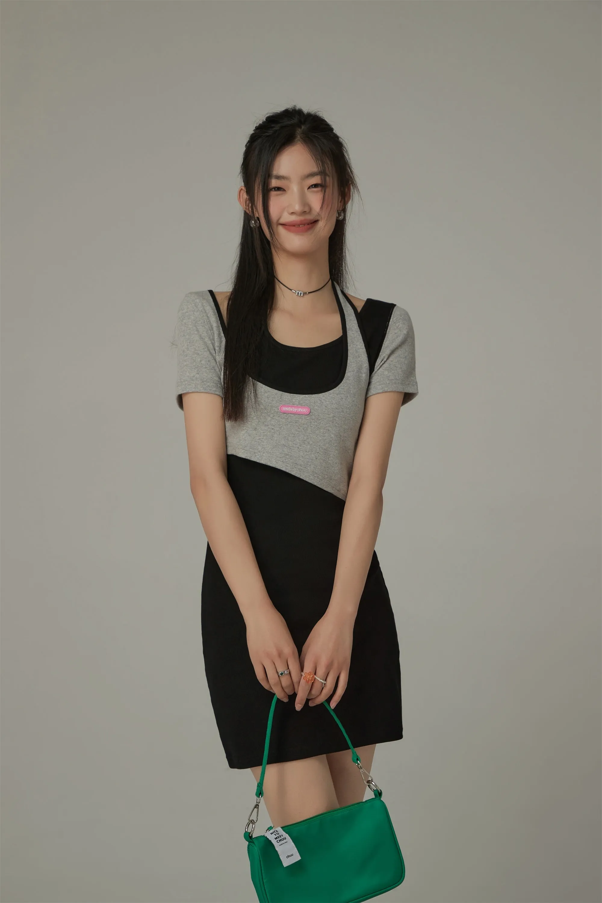 Halter Neck Short Sleeve Color Mini Dress