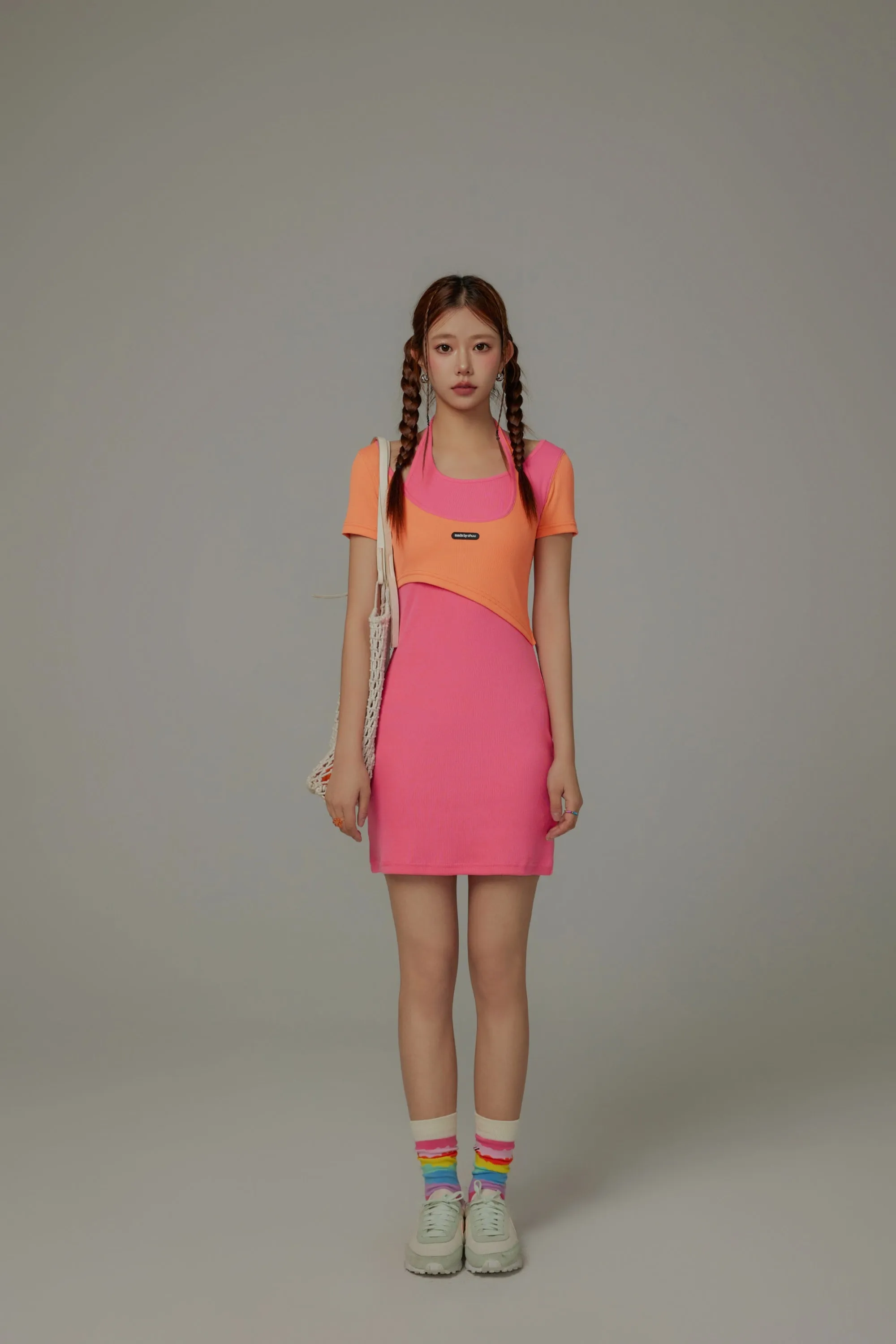 Halter Neck Short Sleeve Color Mini Dress
