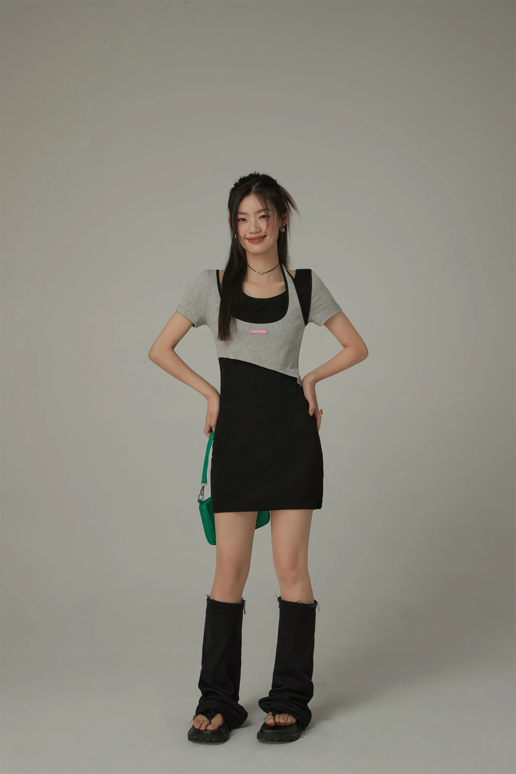 Halter Neck Short Sleeve Color Mini Dress