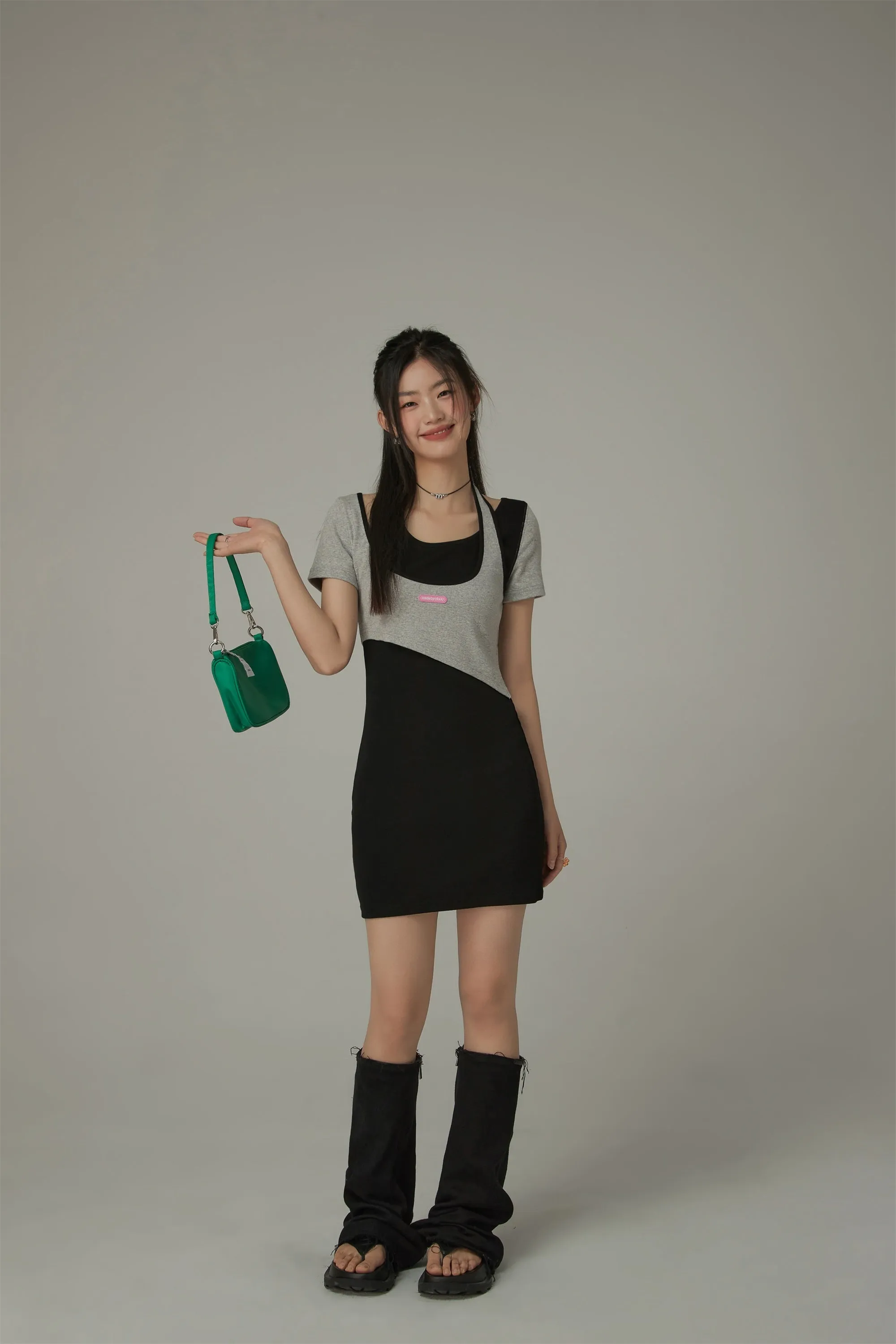 Halter Neck Short Sleeve Color Mini Dress
