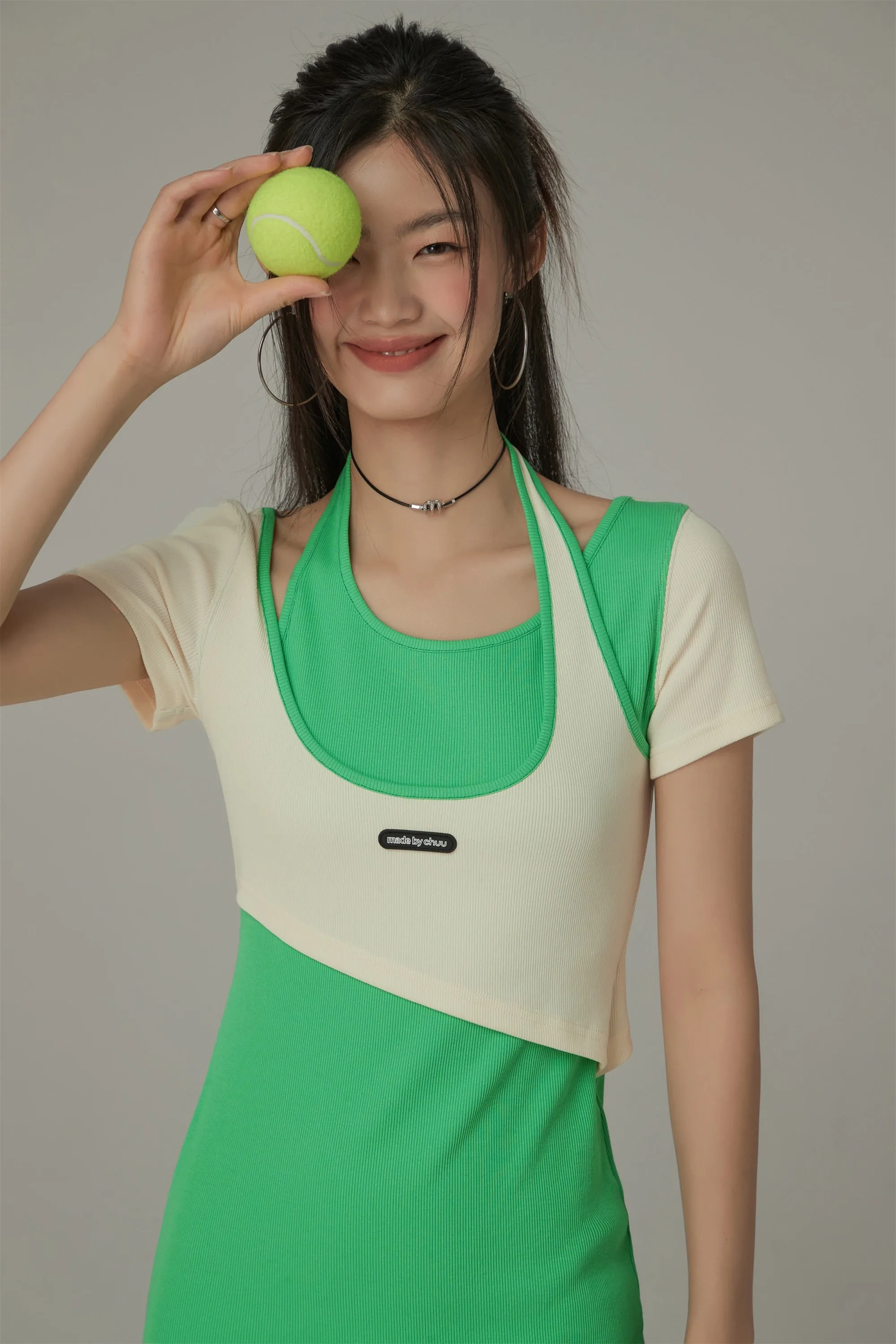 Halter Neck Short Sleeve Color Mini Dress