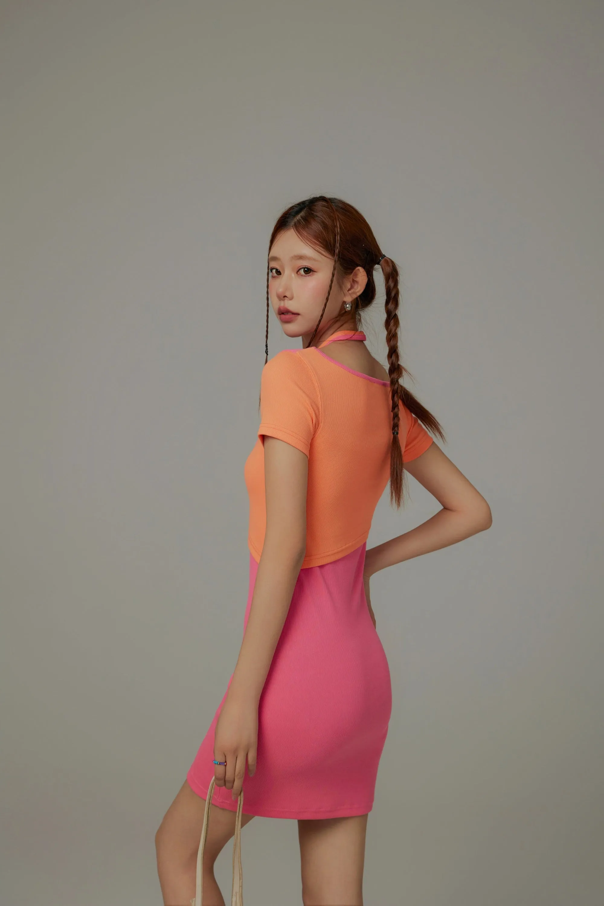 Halter Neck Short Sleeve Color Mini Dress