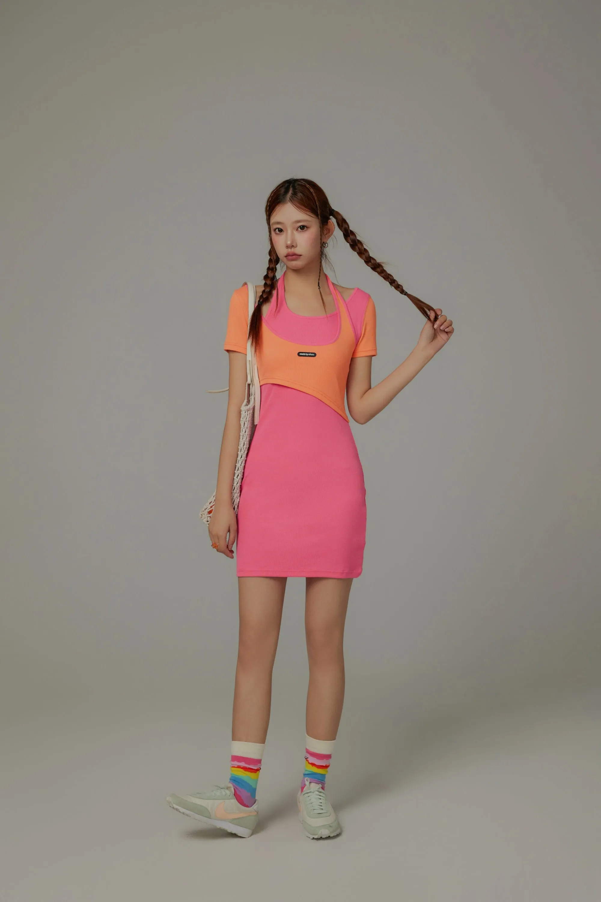 Halter Neck Short Sleeve Color Mini Dress