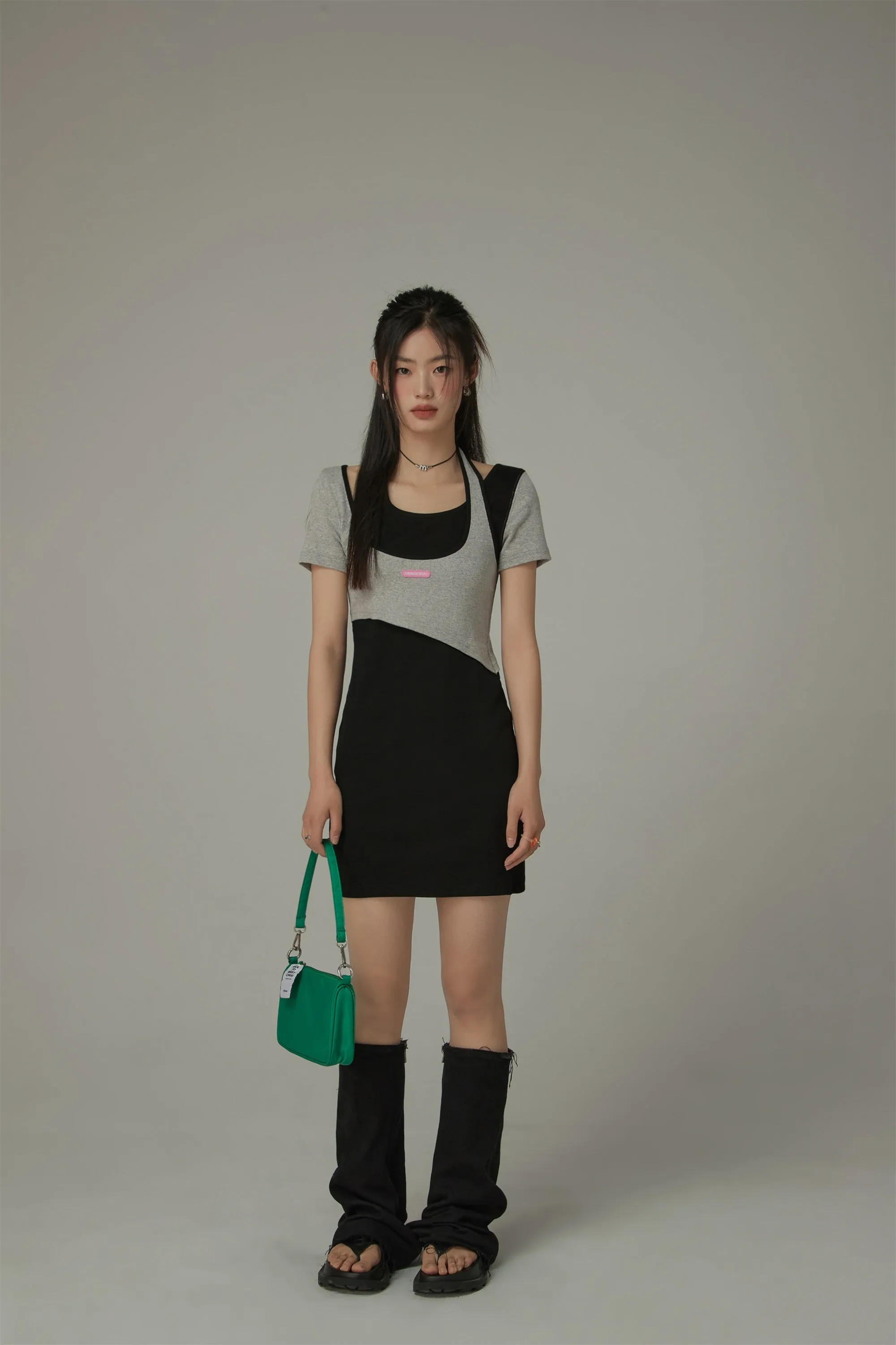 Halter Neck Short Sleeve Color Mini Dress