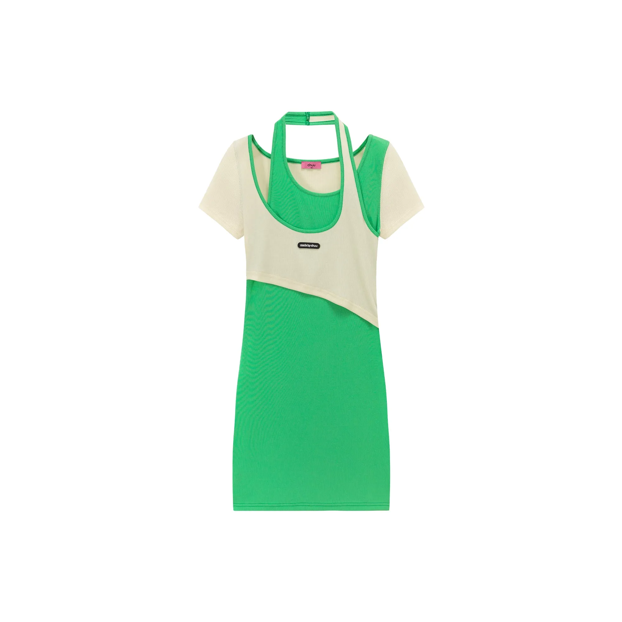 Halter Neck Short Sleeve Color Mini Dress