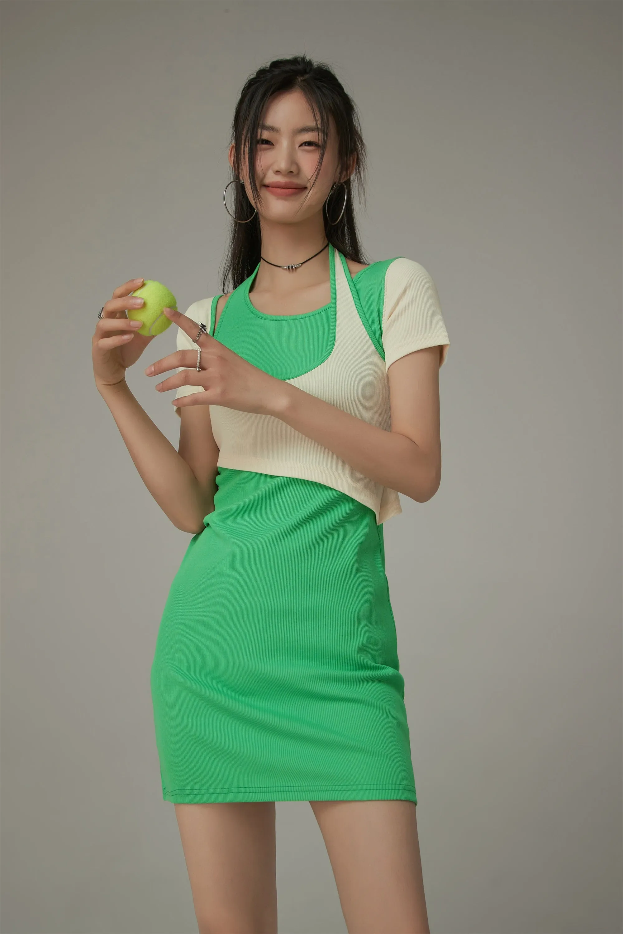 Halter Neck Short Sleeve Color Mini Dress