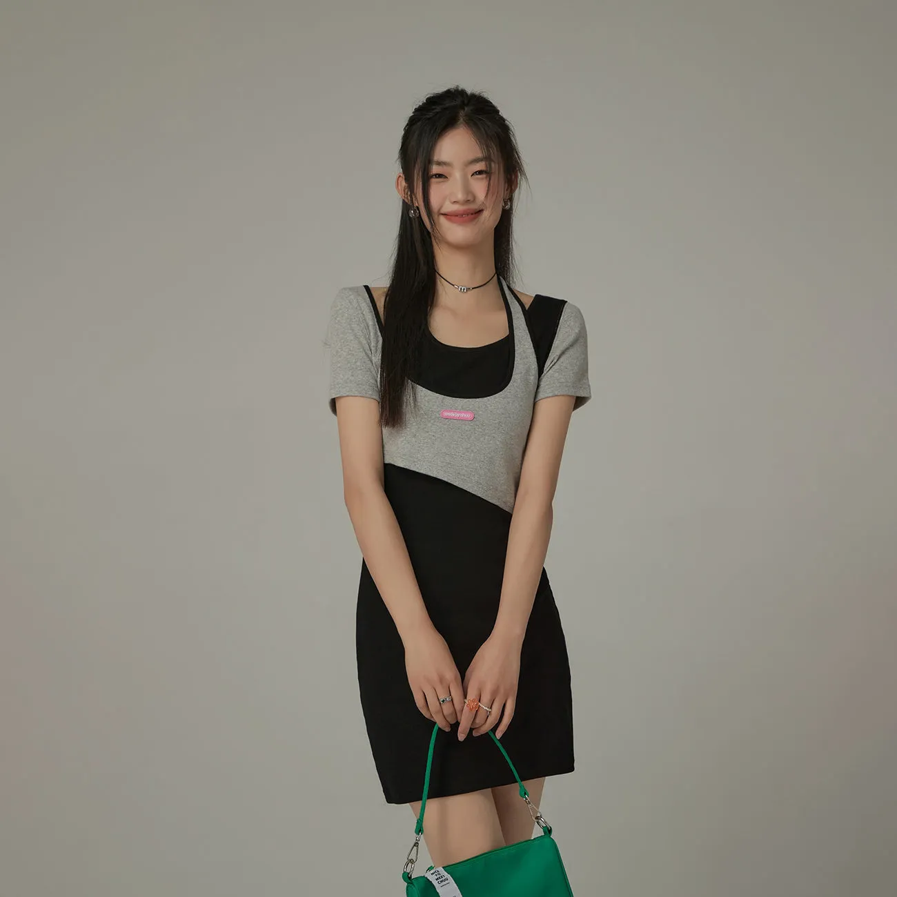 Halter Neck Short Sleeve Color Mini Dress