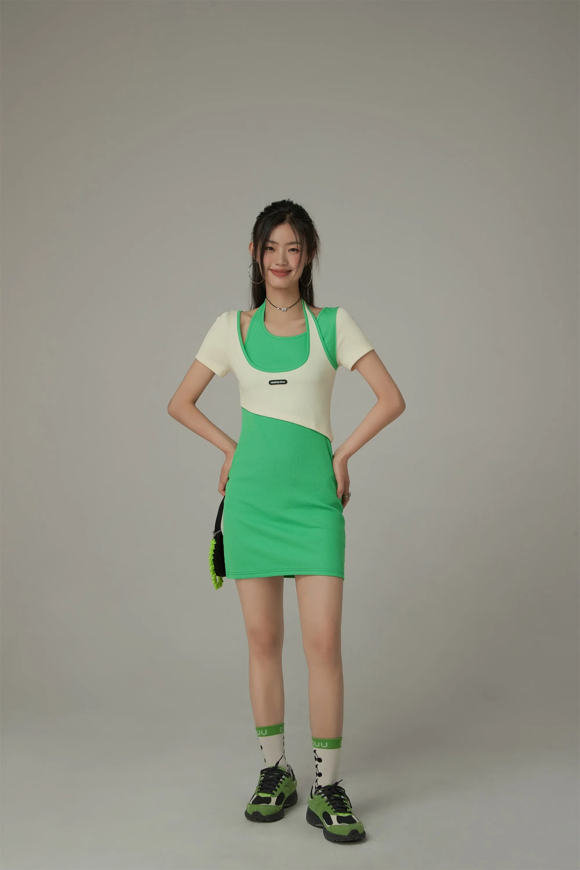 Halter Neck Short Sleeve Color Mini Dress