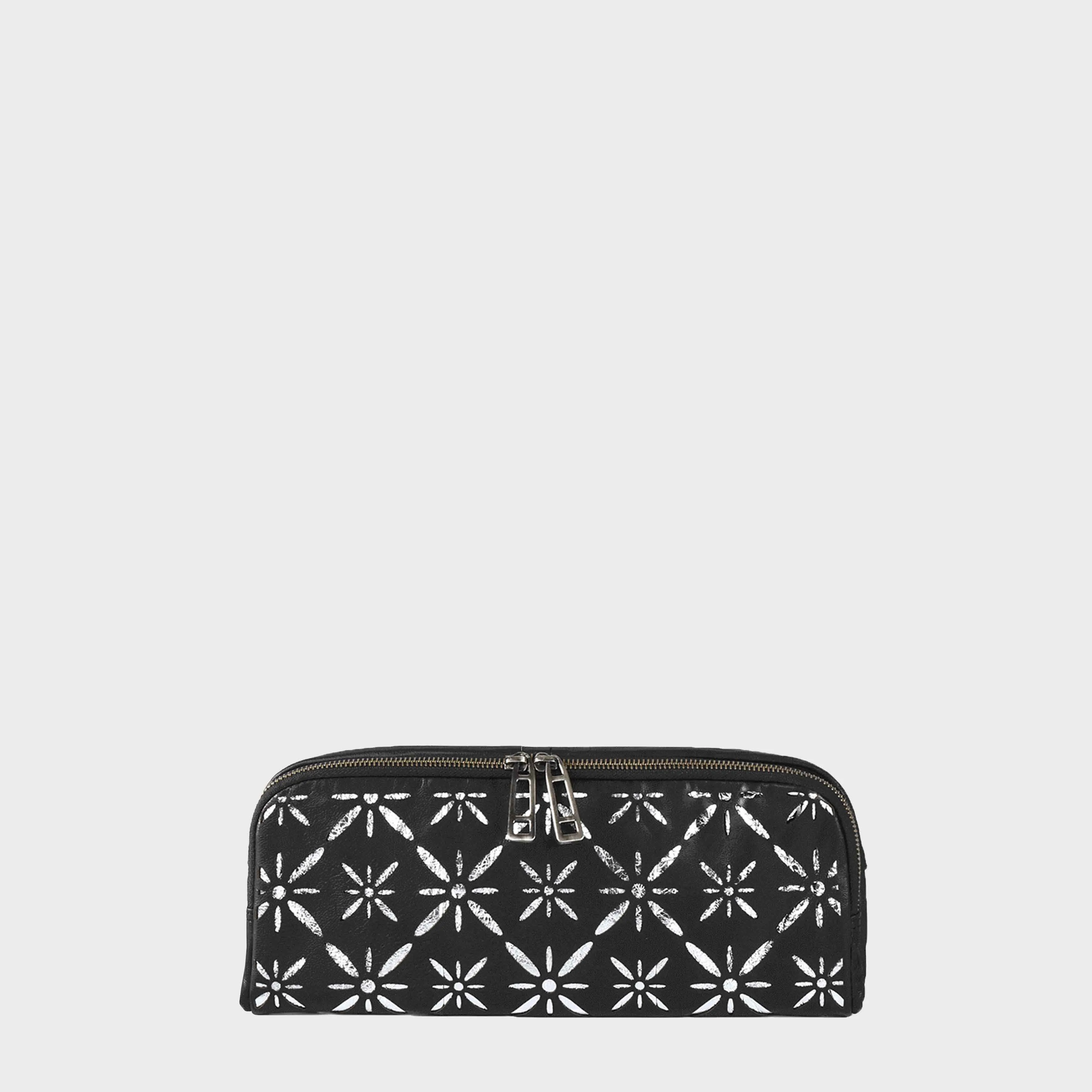 'HOLBORN' Metallic Silver and Black Floral Designer Leather Clutch Bag