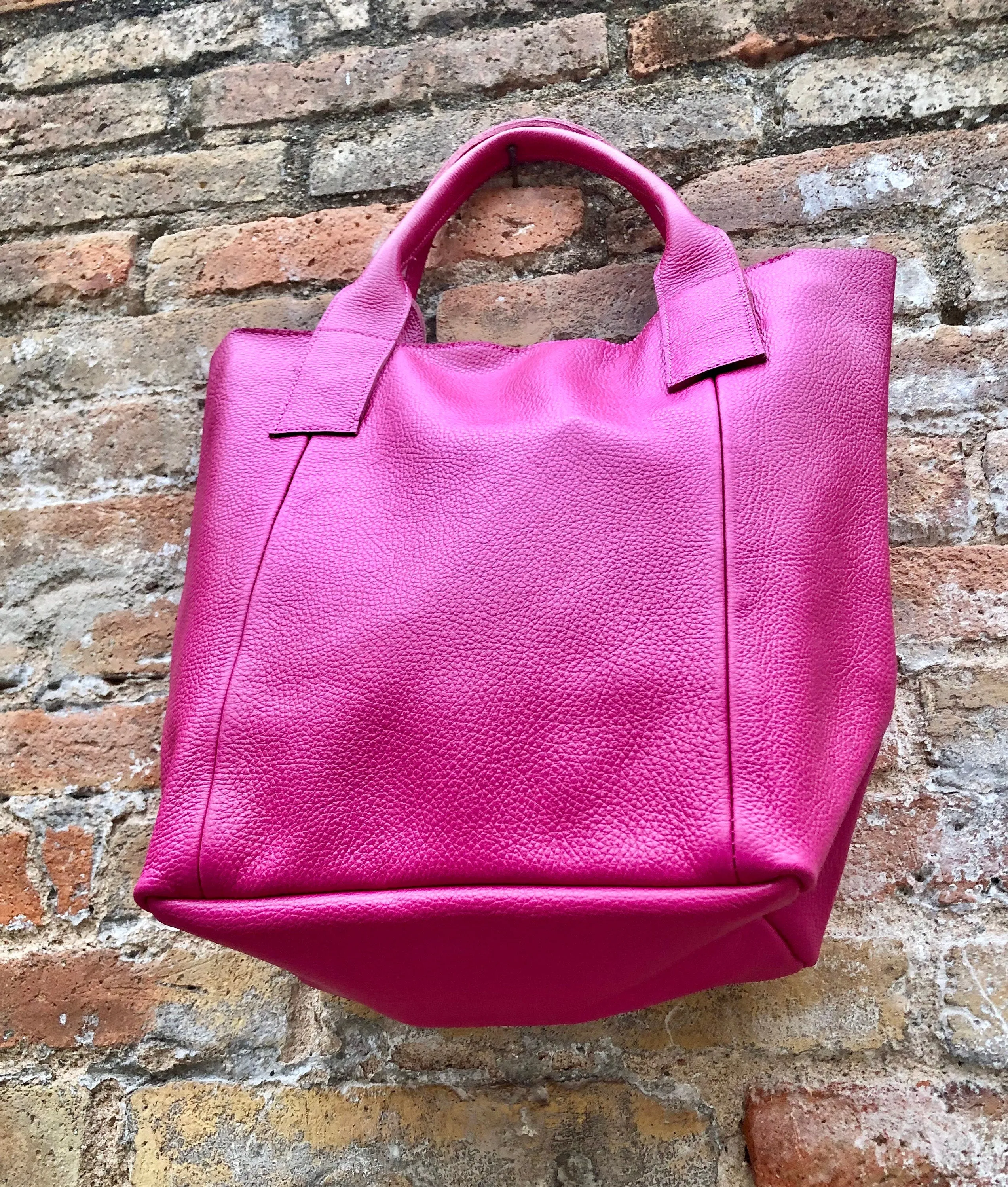 Hot PINK shopper bag in GENUINE leather. Large carry all bag for laptops, books. Fuchsia pink leather tote /  bucket bag. Pink leather purse