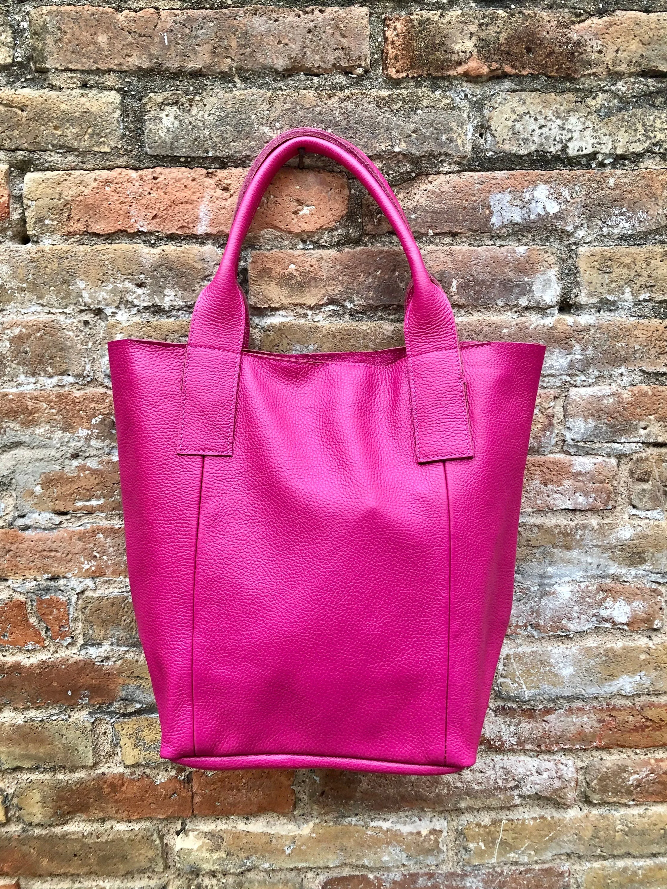 Hot PINK shopper bag in GENUINE leather. Large carry all bag for laptops, books. Fuchsia pink leather tote /  bucket bag. Pink leather purse