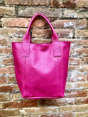 Hot PINK shopper bag in GENUINE leather. Large carry all bag for laptops, books. Fuchsia pink leather tote /  bucket bag. Pink leather purse