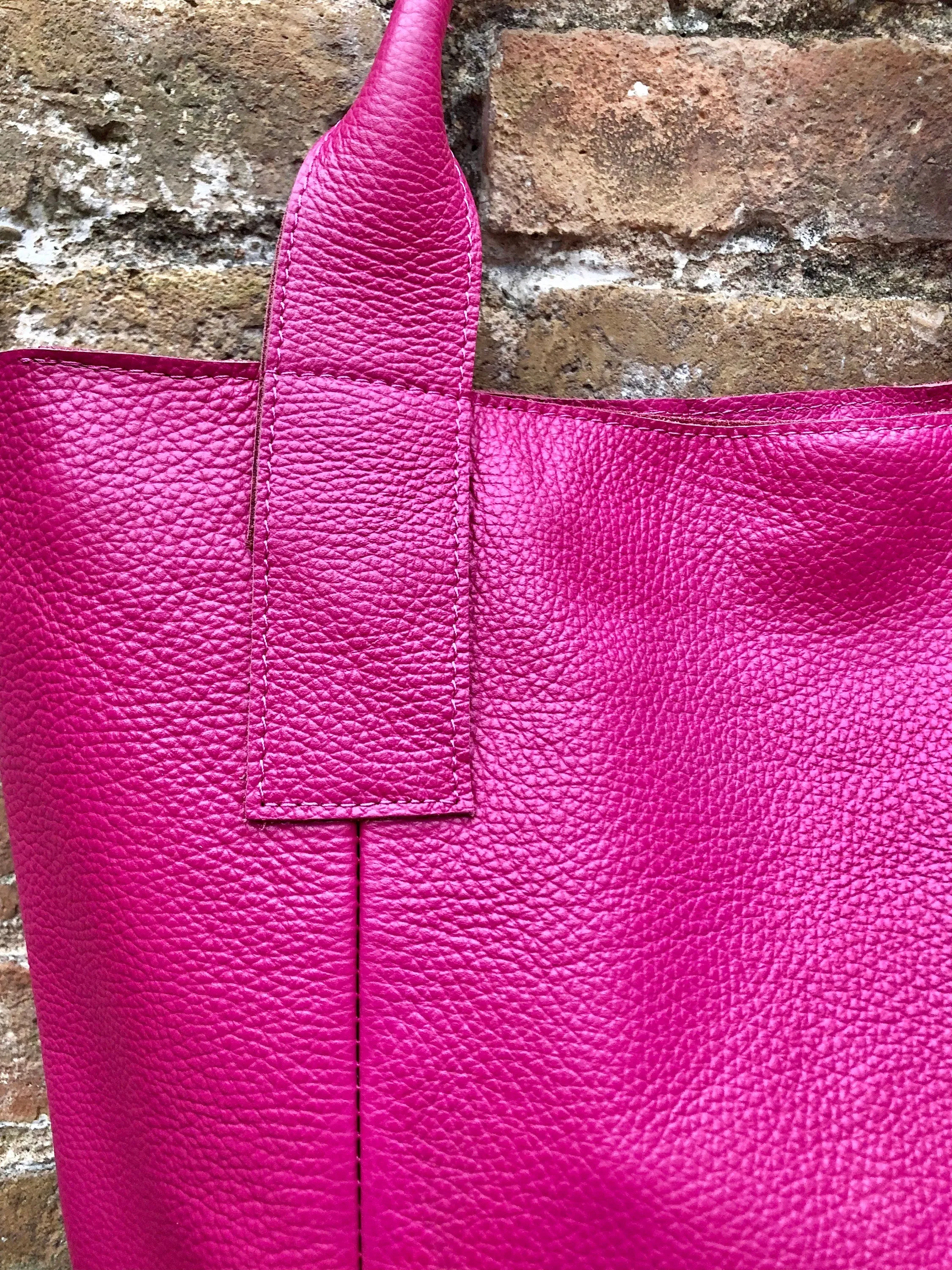 Hot PINK shopper bag in GENUINE leather. Large carry all bag for laptops, books. Fuchsia pink leather tote /  bucket bag. Pink leather purse