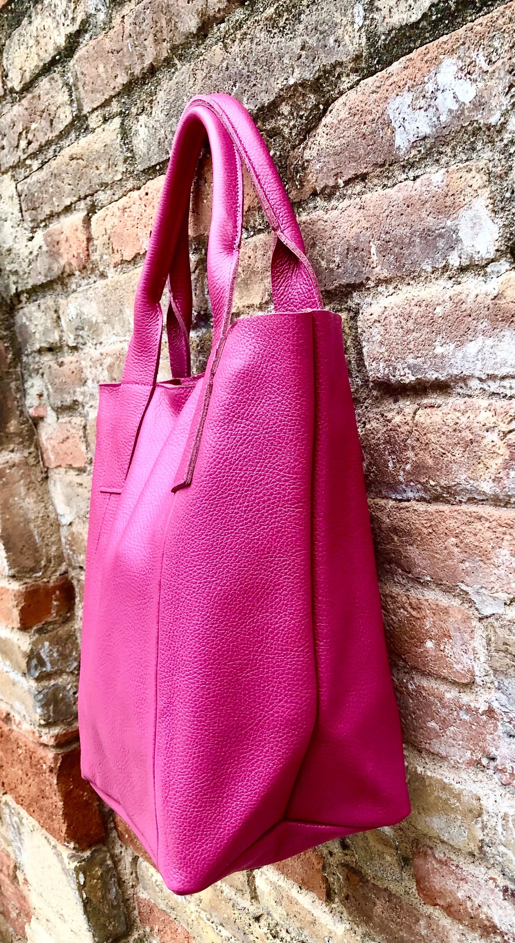 Hot PINK shopper bag in GENUINE leather. Large carry all bag for laptops, books. Fuchsia pink leather tote /  bucket bag. Pink leather purse