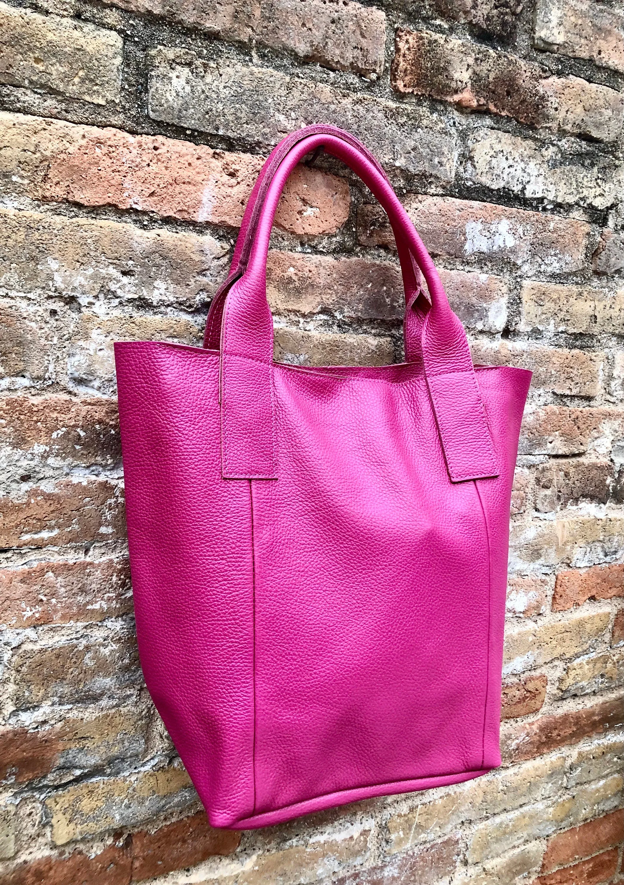 Hot PINK shopper bag in GENUINE leather. Large carry all bag for laptops, books. Fuchsia pink leather tote /  bucket bag. Pink leather purse