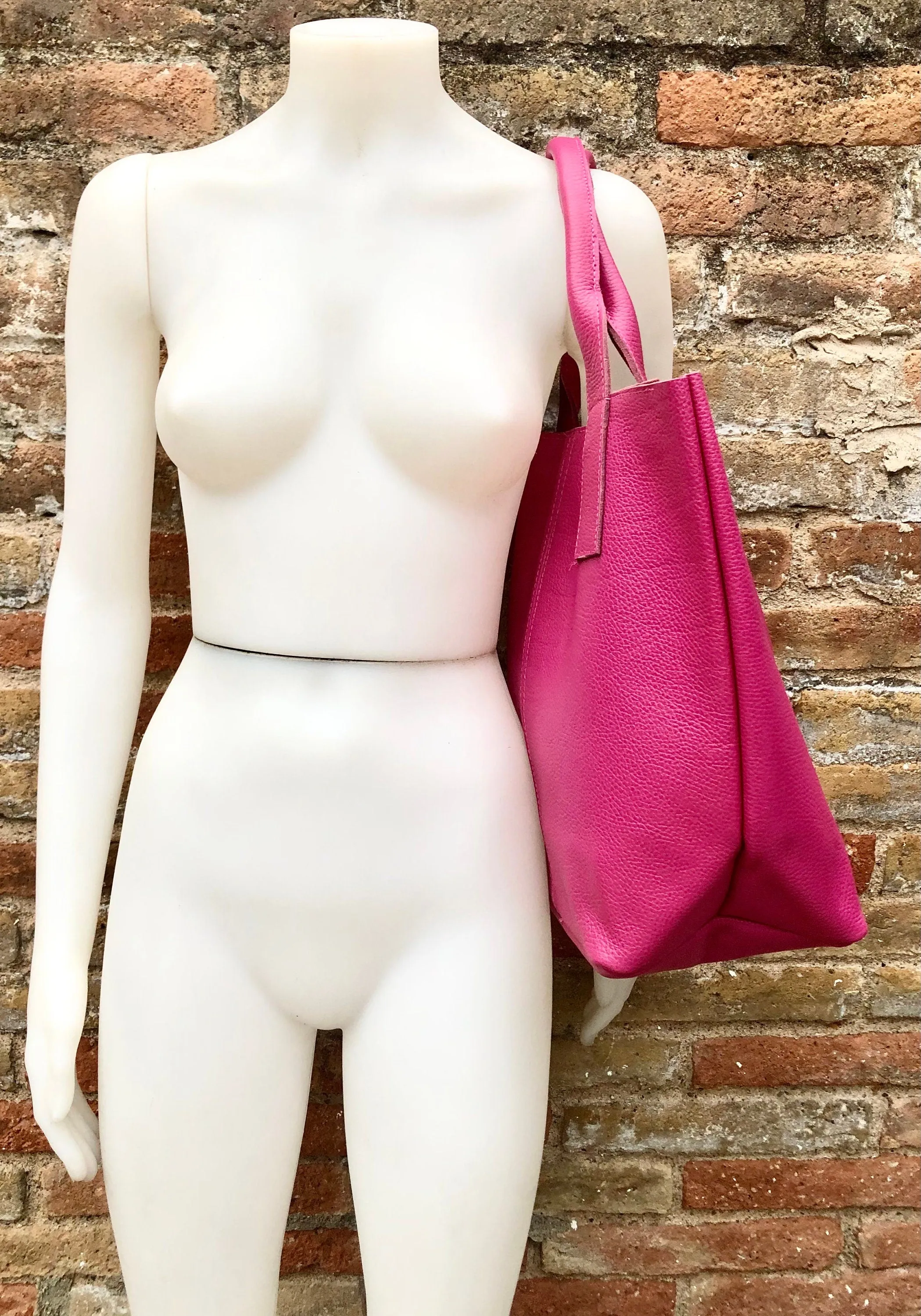 Hot PINK shopper bag in GENUINE leather. Large carry all bag for laptops, books. Fuchsia pink leather tote /  bucket bag. Pink leather purse