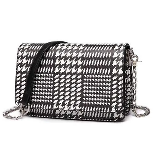 Houndstooth Chain Crossbody Bag - Black